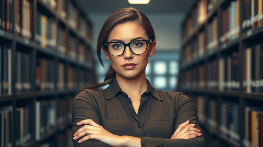 Confident woman in library, US sanctions Francesca Albanese focus.