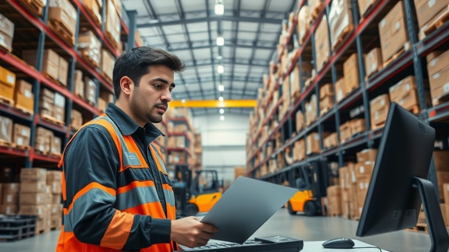 Young warehouse worker analyzing data, highlighting AI skills gap.