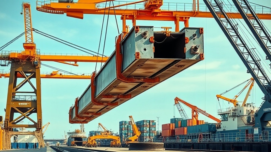 Industrial dock with steel beams lifted by crane emphasizing safety.
