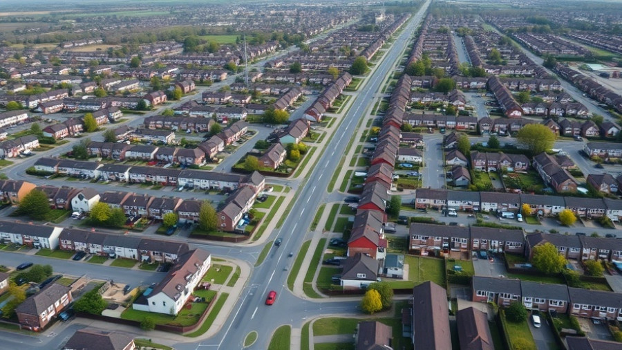 Aerial view of suburban neighborhood; impact of living environment on heart disease risk.
