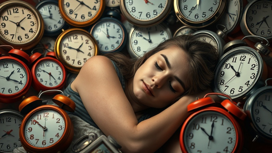 Woman adjusting to winter time, surrounded by clocks, man nearby.