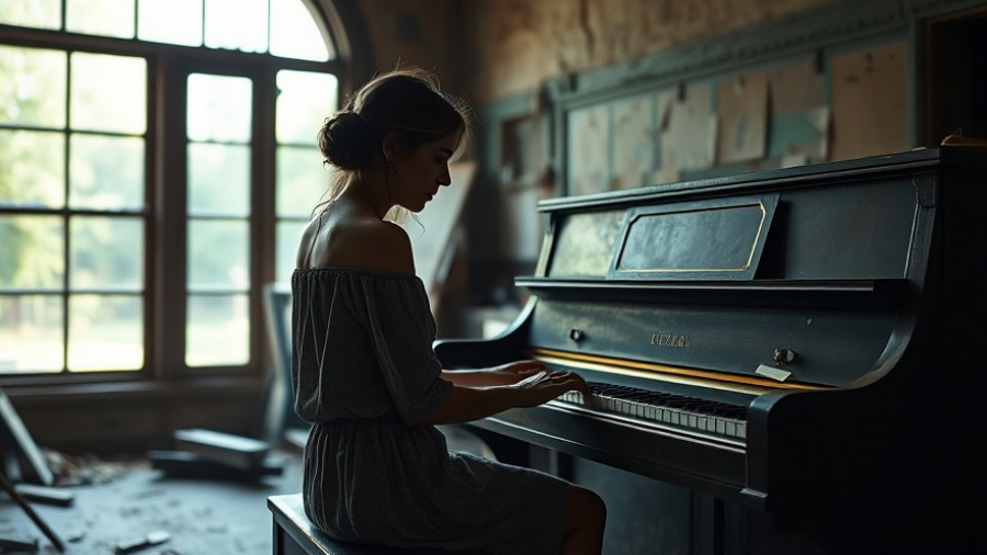 Contemplative young woman playing piano in dim light, October 7 documentary photography.