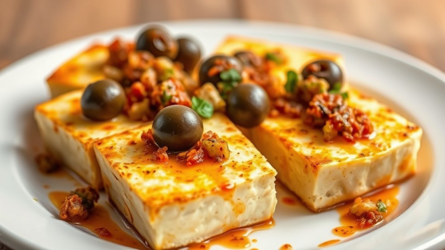 Delicious baked halloumi with spicy olives on a ceramic plate.