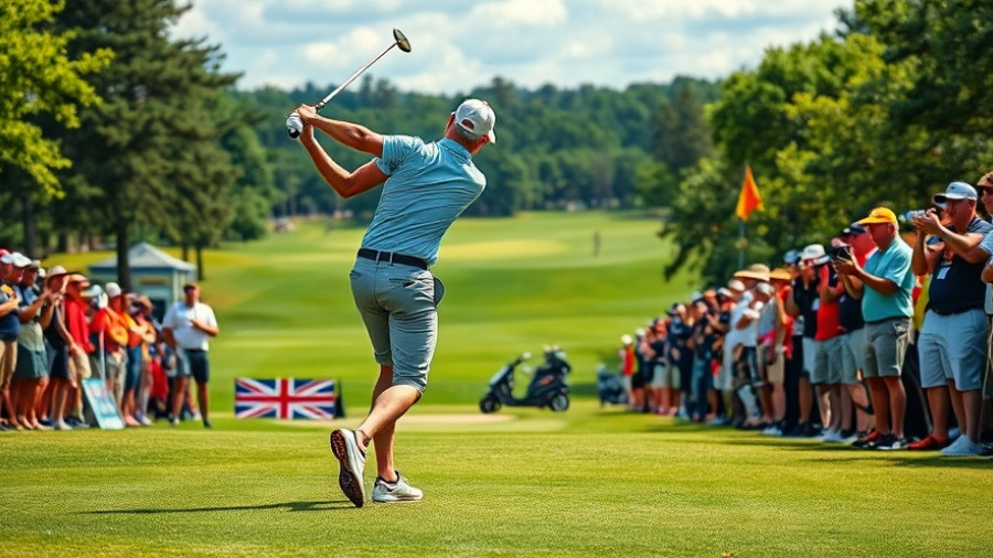 Golfer mid-swing at Philippines golf tournament, surrounded by spectators.