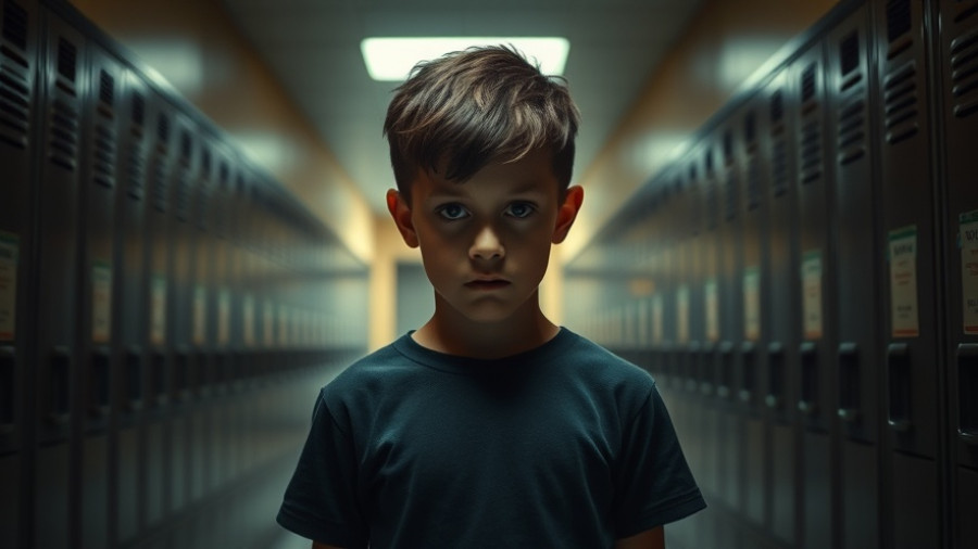 Young boy facing lockers, bullying awareness theme, warm lighting.