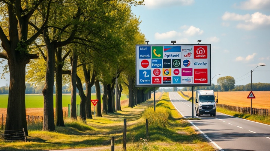 Election billboard showcasing party logos in rural Dutch setting amid trees and fields.