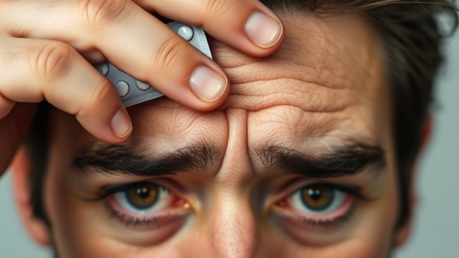 Finasteride side effects: person's head with finasteride boxes.