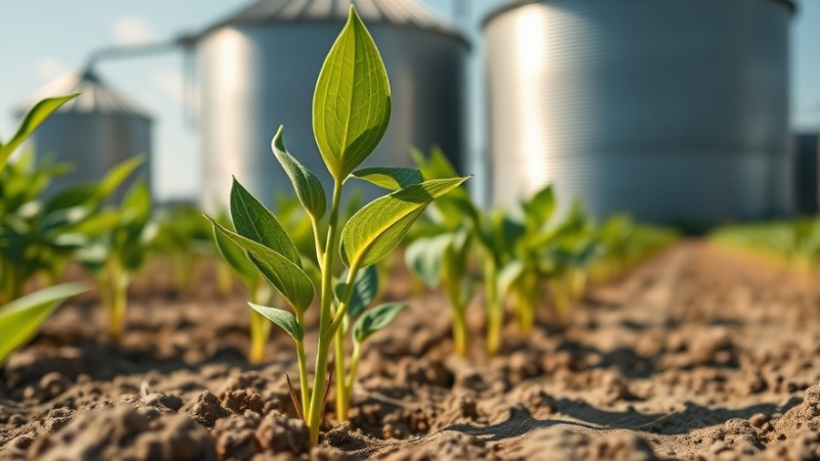 Young soybean plants in field near Minnesota farm silos.