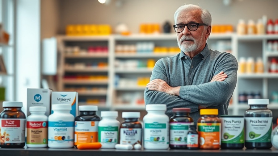 Various supplements and probiotics boost immunity, displayed with thoughtful man.