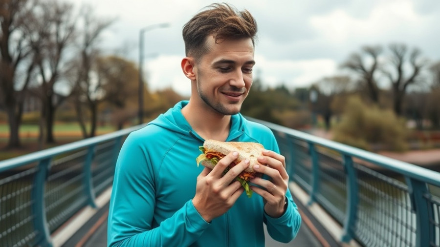 Runner enjoying healthy sandwich on a bridge, Gezonder eten als hardloper.