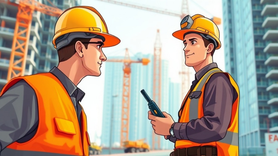 Construction worker with radio on site, cranes and truck in background.