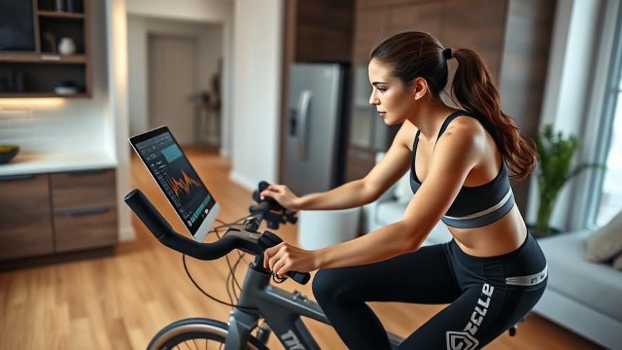 Athletic woman engaged in indoor training on a bike, modern home.