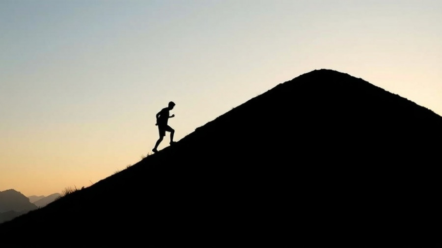 Silhouette of a person climbing a hill at sunrise, self-improvement symbolism.