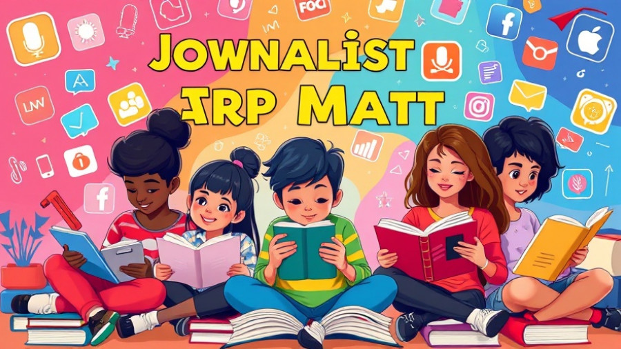 Vibrant illustration of journalism education app growth with characters and icons.