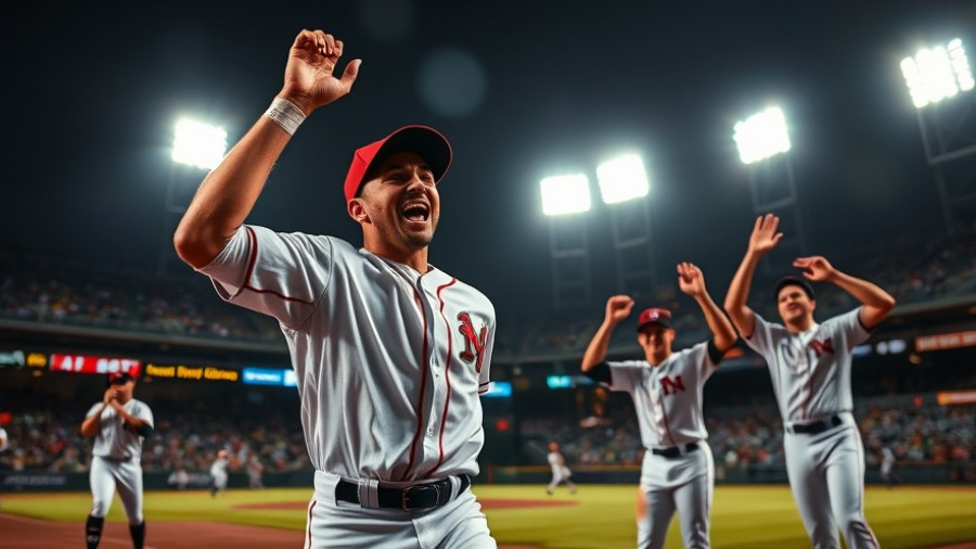 Baseball player celebrating with teammates at night game.