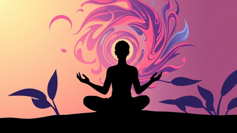 Vibrant meditation silhouette with swirling thoughts in cartoon style.