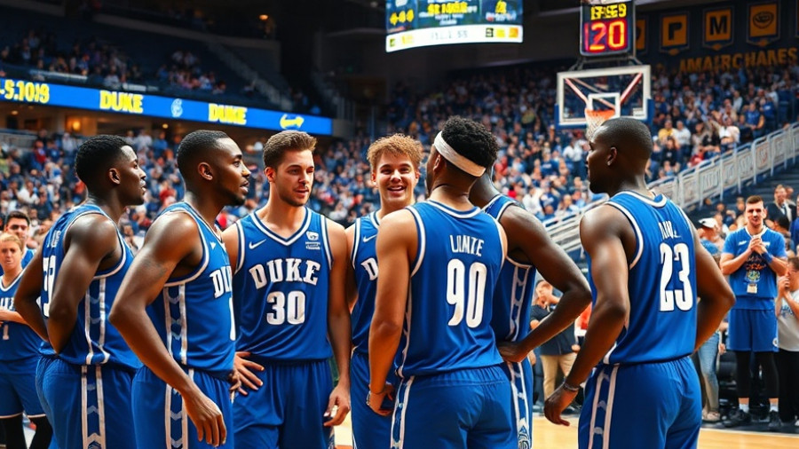 Duke Basketball players celebrating post-game in an energetic arena.