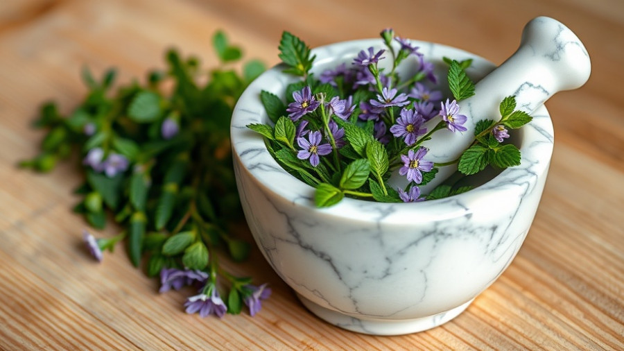 Fresh herbs in a mortar, symbolizing history of spices.