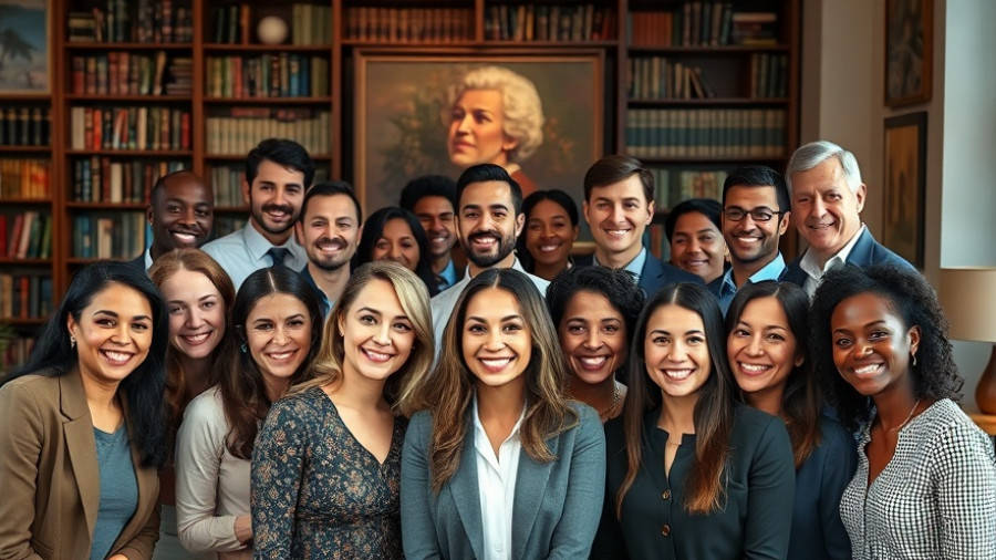 Professionals group photo for burnout prevention event, smiling together.