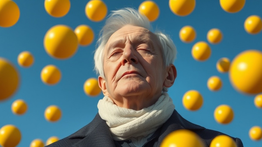 Composed elderly man surrounded by floating yellow spheres, symbolizing understanding the mind philosophy.