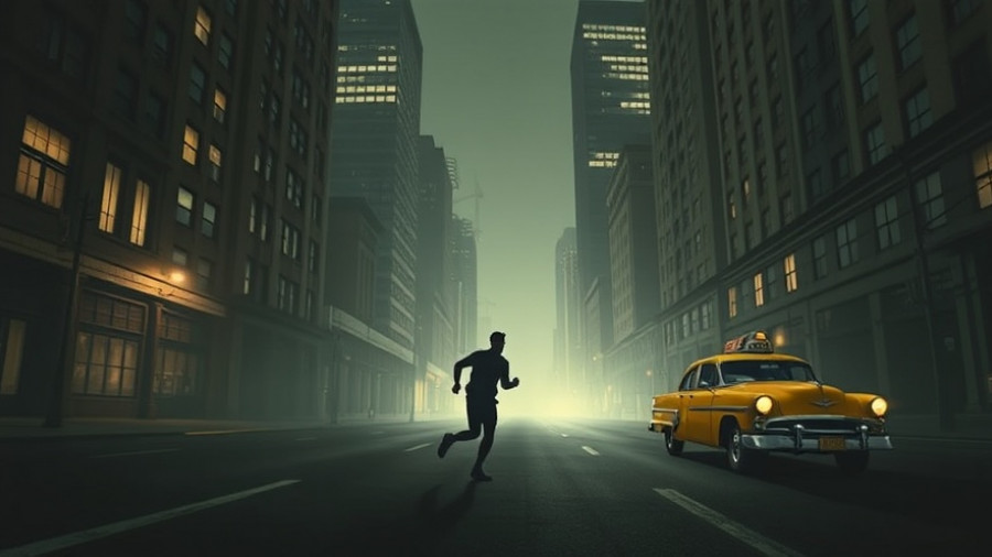 Moody urban scene with runner and taxi, emphasizing urban storytelling.