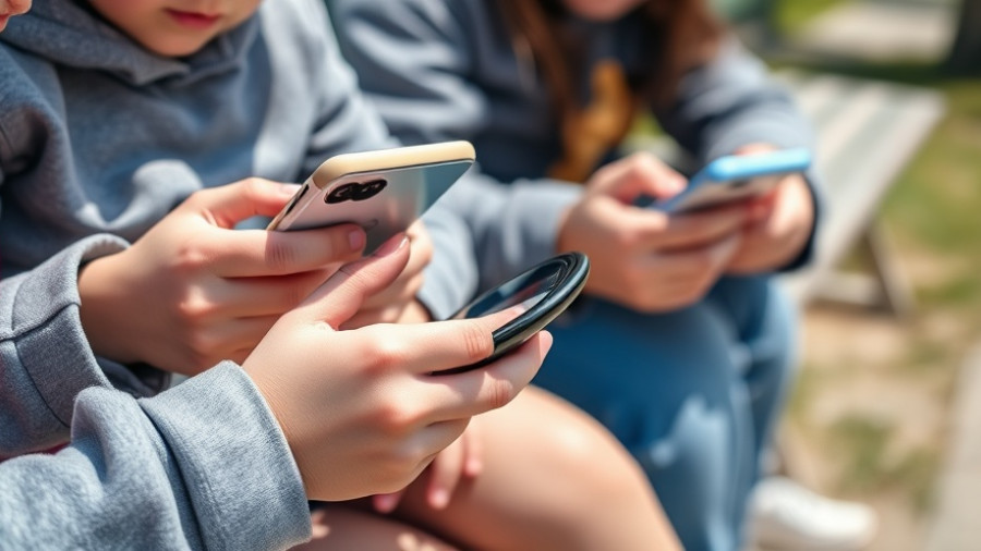 Children's screen time usage depicted through smartphone close-ups.