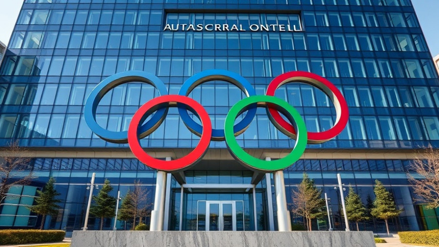 Olympic rings sculpture in front of IOC headquarters, symbolizing global unity.