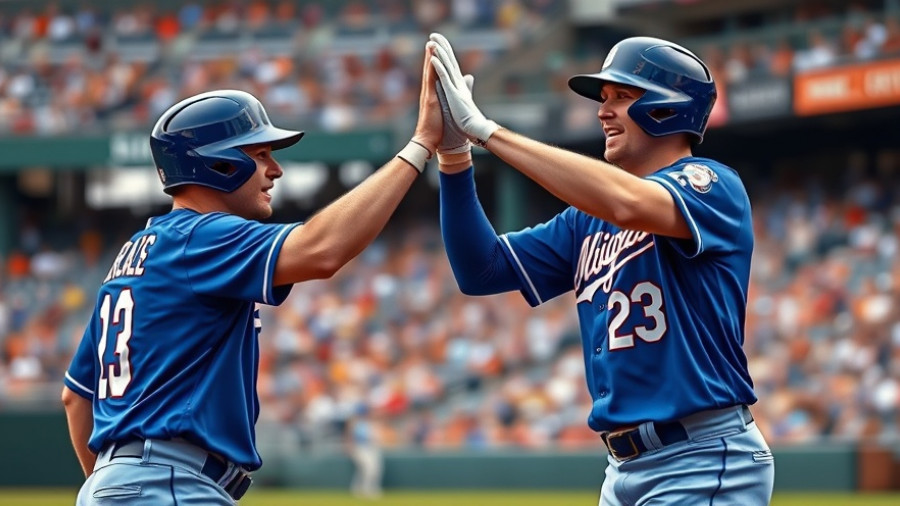 Two baseball players high-fiving on field, World Series Betting Odds.