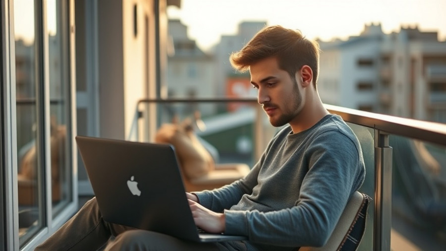 Digital communication for sustainable organizations: man works on laptop outdoors.
