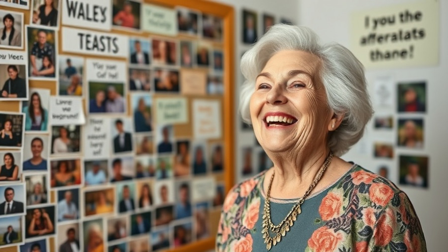 The power of positive thinking for seniors: Smiling elderly woman with uplifting photos.