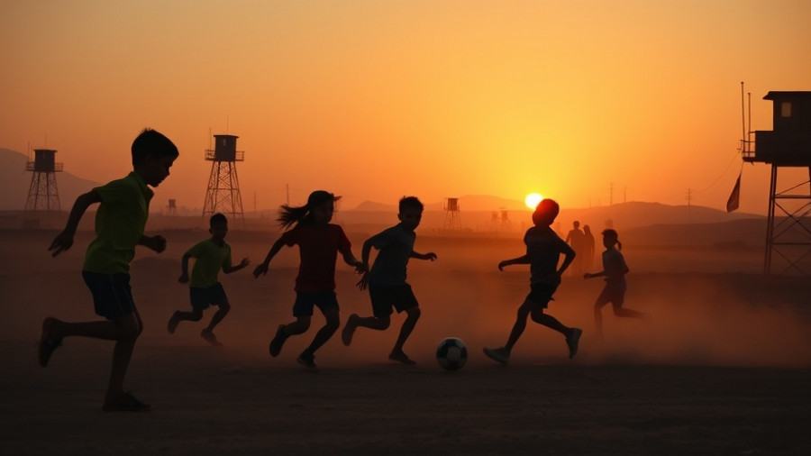 Children playing soccer at sunset in South Sudan, amid a glowing orange sky.