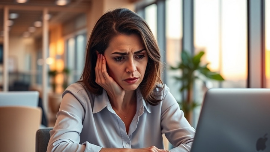 Woman in office experiencing burnout symptoms working late.