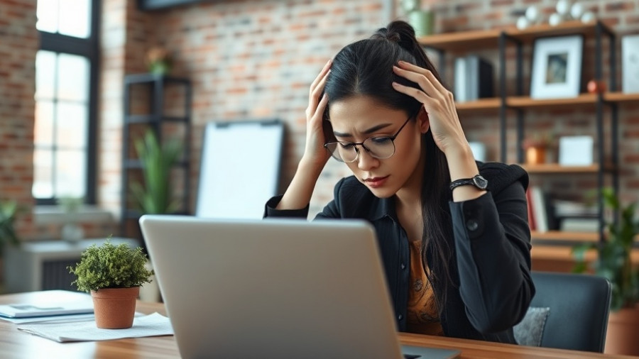 Stressed woman in office considering job change due to high work pressure.