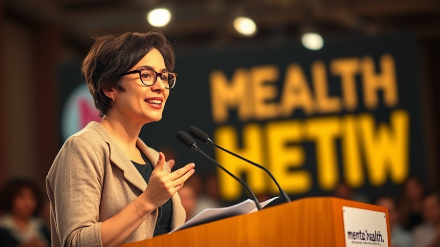 Confident speaker at a mental health festival discussing policy.