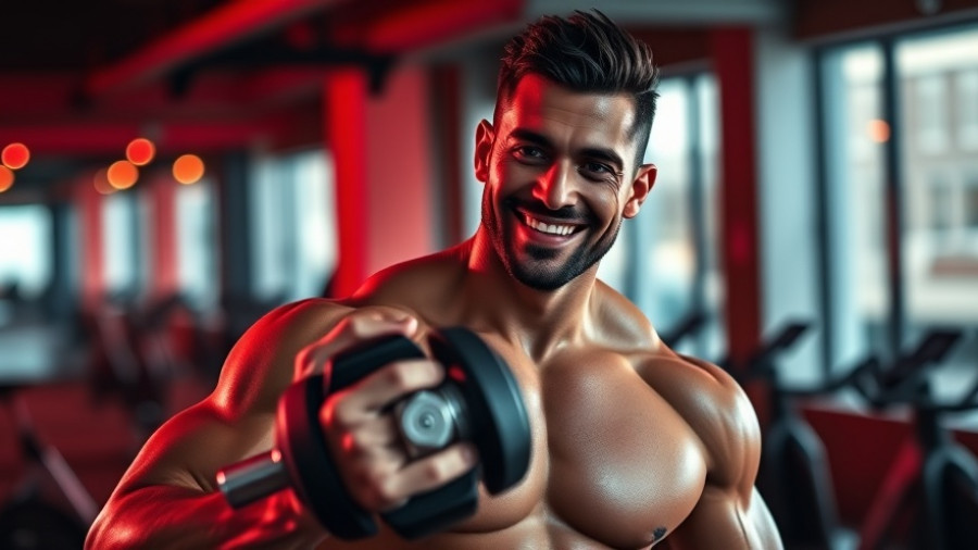 Muscular man exercising in gym, smiling with dumbbell, vibrant red lighting in background, work-life balance concept.