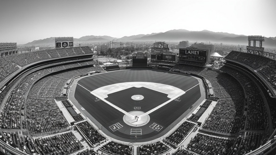 Black and white image of a baseball stadium emphasizing Baseball's labor issues.