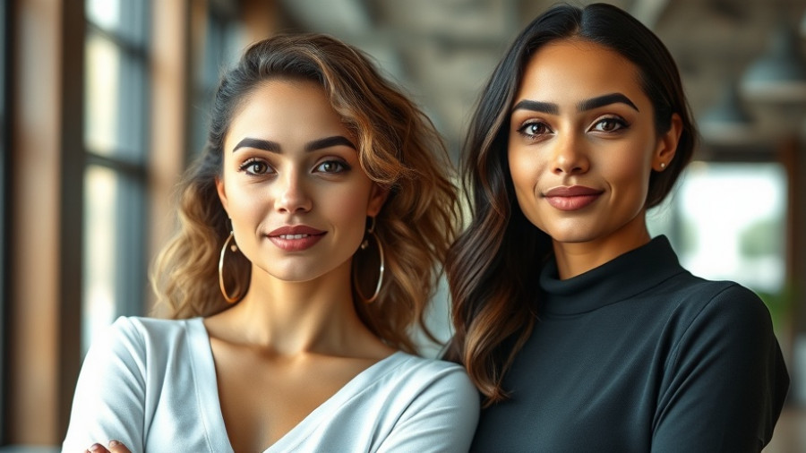 Two women posing indoors, highlighting diverse beauty, neutral expressions.