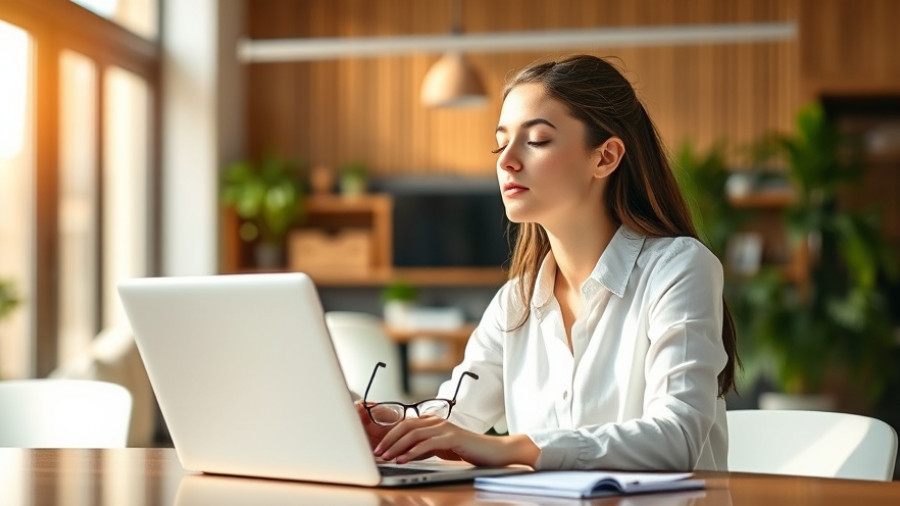 Woman practicing stress management at work in a bright office.