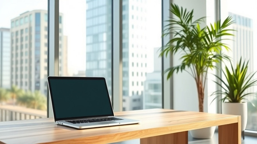 Modern office with plant and laptop near large windows.