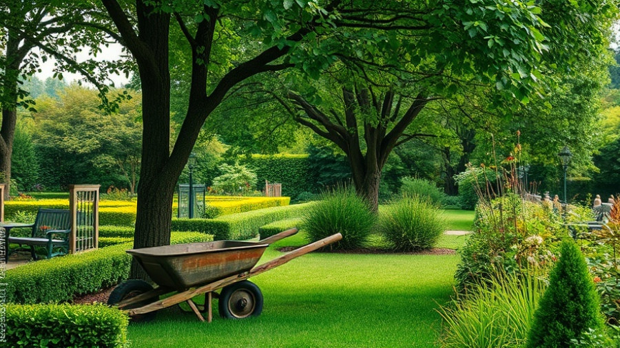 Thrive in your garden: A serene garden with a wheelbarrow under a tree.
