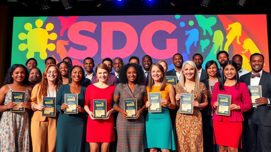 2025 UN SDG Action Awards winners posing on stage with SDG backdrop.
