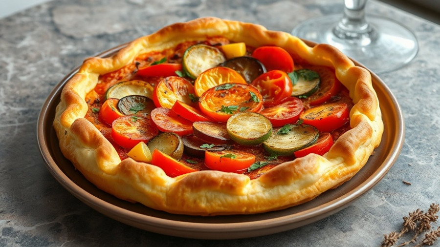 Rustic French ratatouille tart on a ceramic plate.