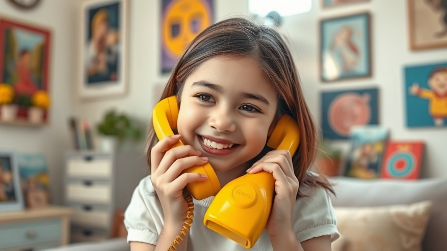 Young girl using a landline phone in a cozy room, symbolizing parents choosing landlines to stop smartphone addiction.