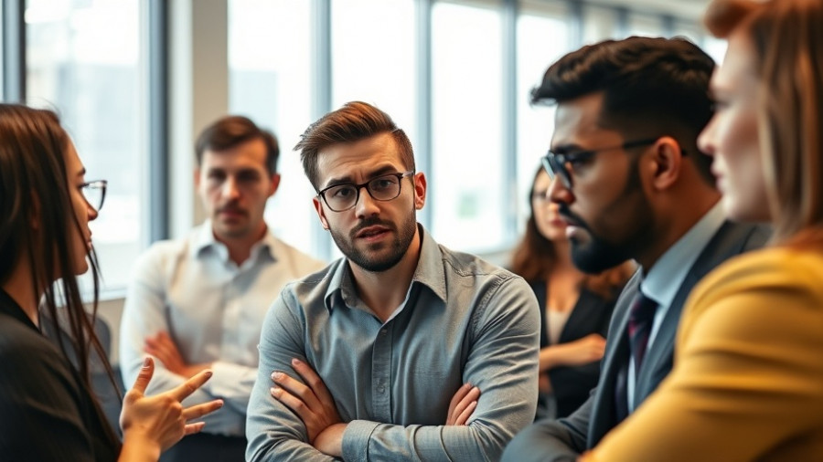 Dissatisfied young professional in corporate meeting, stressed expression.