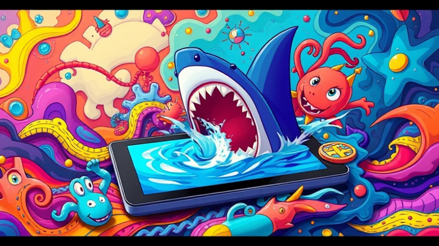 Conceptual image depicting online dangers, tablet with shark fins, Kids Online Safety Act.