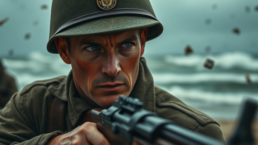 D-Day mission in Medal of Honor Frontline: soldier gripping rifle on stormy beach.