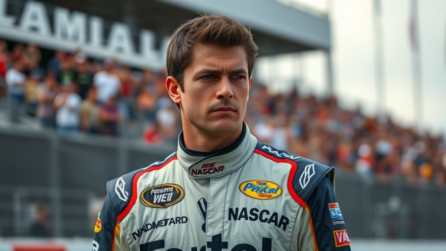 Race car driver in a NASCAR suit focused at a championship event.