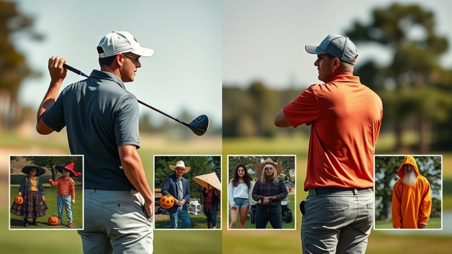 Golf Halloween Costumes: Split image with golfers and costume insets.