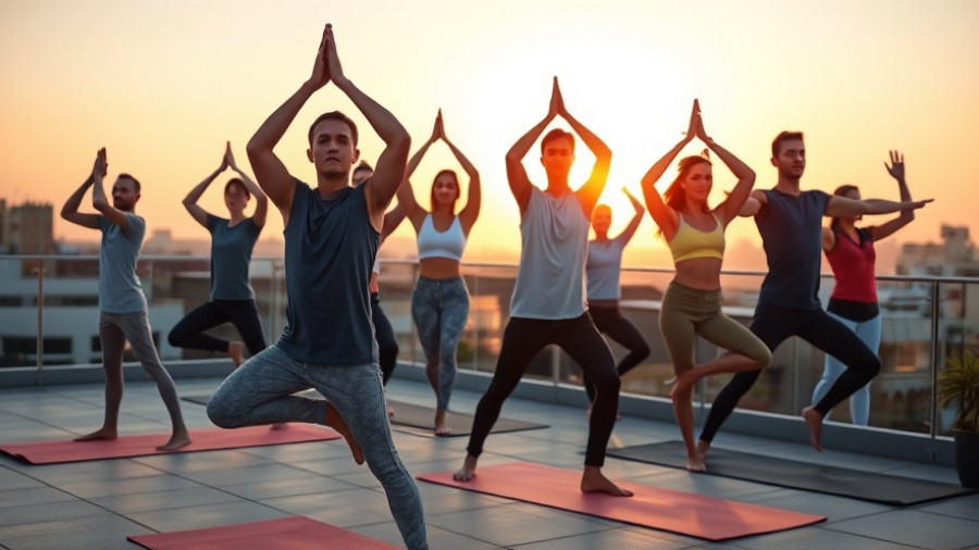 Group practicing yoga on rooftop at sunset, exploring yoga poses.