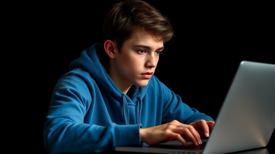Person in blue hoodie using laptop, depicting online activities.